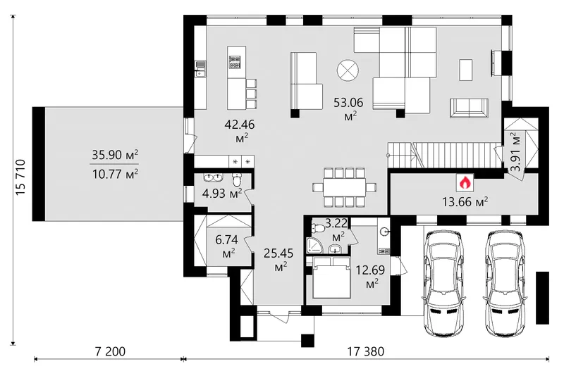 Pirmas Aukštas 7 – Dviejų aukštų namo projektas 363 m², 5 Miegamieji — 44222C