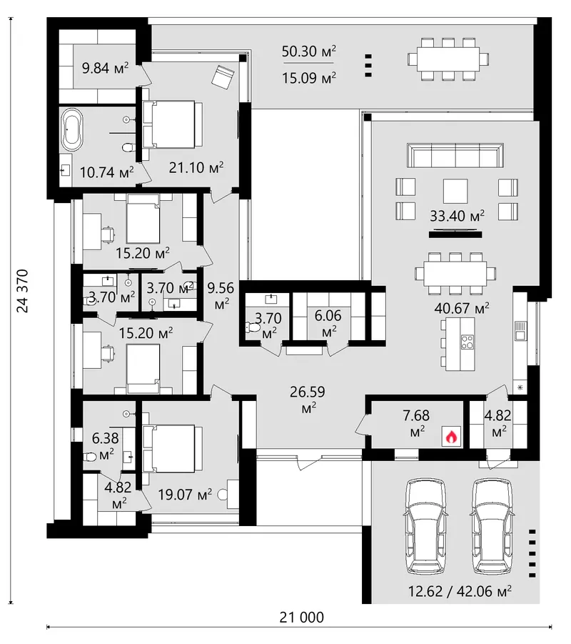 Pirmas Aukštas 13 – Vieno aukšto namo projektas 243 m², 4 Miegamieji — 24770C