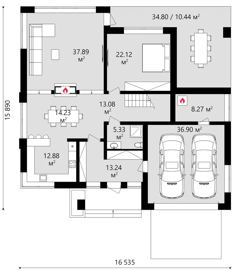 Pirmas Aukštas 13 – Dviejų aukštų namo projektas 299 m², 4 Miegamieji — 18457C