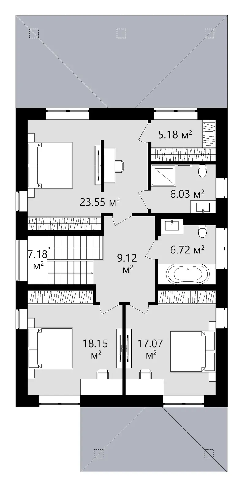Antras Aukštas 14 – Dviejų aukštų namo projektas 190 m², 4 Miegamieji — 73942C