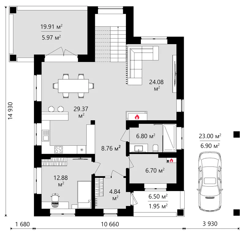 Pirmas Aukštas 9 – Dviejų aukštų namo projektas 205 m², 4 Miegamieji — 70404C