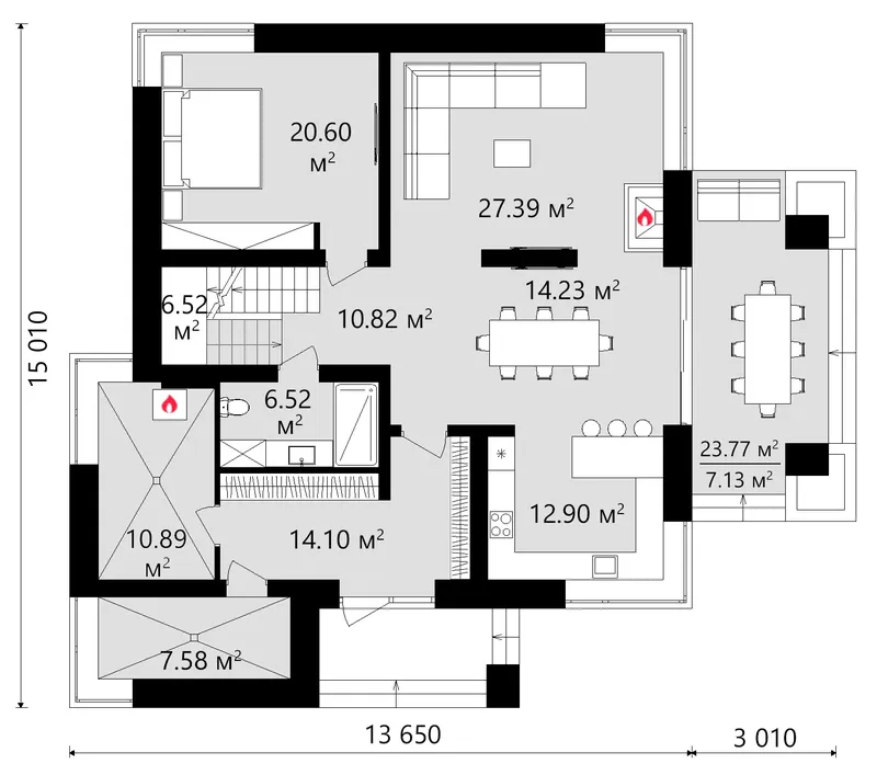 Pirmas Aukštas 13 – Dviejų aukštų namo projektas 352 m², 4 Miegamieji — 82053C