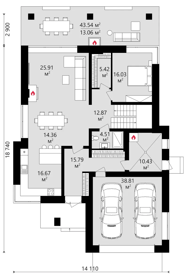 Pirmas Aukštas 6 – Dviejų aukštų namo projektas 307 m², 5 Miegamieji — 38878C