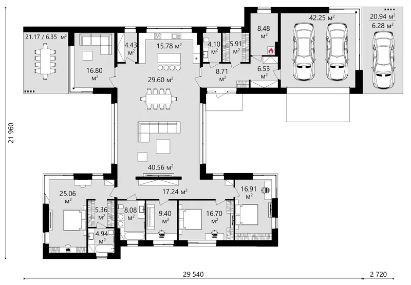 Pirmas Aukštas 10 – Vieno aukšto namo projektas 287 m², 3 Miegamieji — 11806C