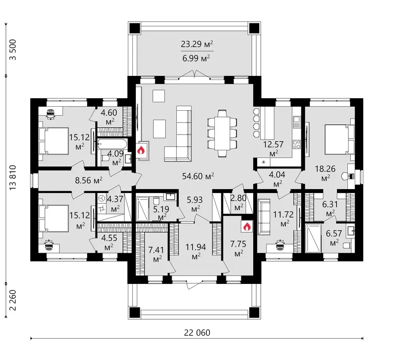 Pirmas Aukštas 12 – Vieno aukšto namo projektas 212 m², 3 Miegamieji — 16713C