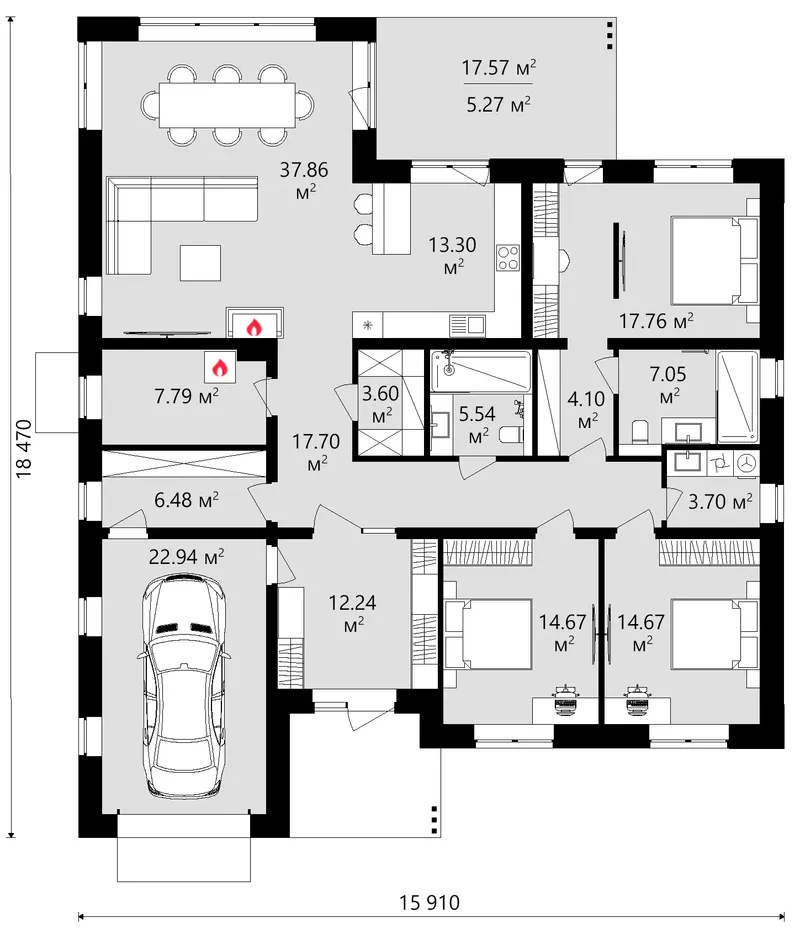 Pirmas Aukštas 12 – Vieno aukšto namo projektas 189 m², 3 Miegamieji — 34023C