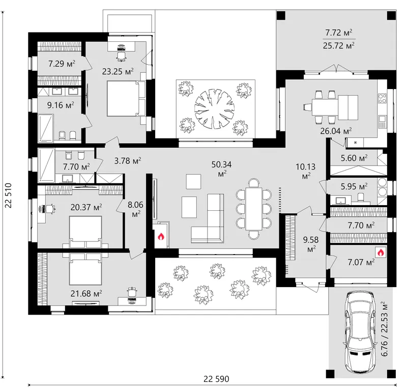 Pirmas Aukštas 12 – Vieno aukšto namo projektas 224 m², 3 Miegamieji — 11223C