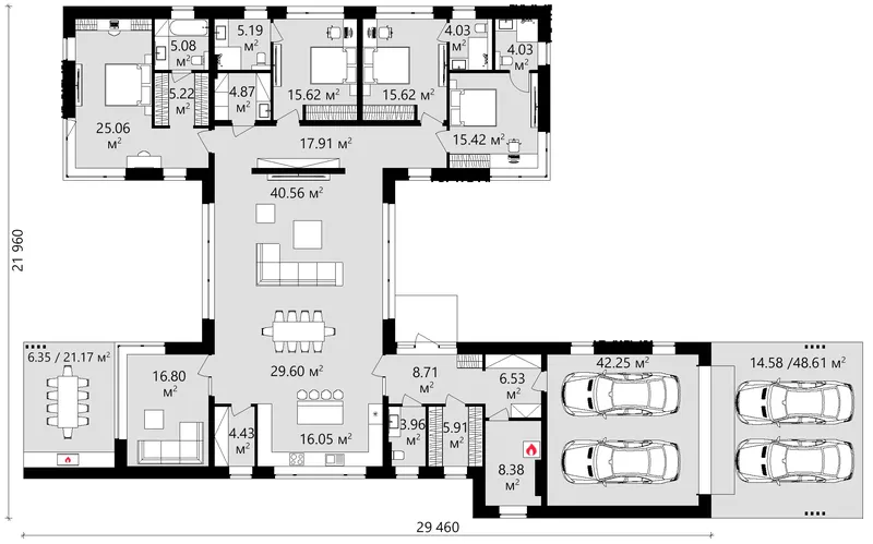 Pirmas Aukštas 16 – Vieno aukšto namo projektas 300 m², 4 Miegamieji — 33083C