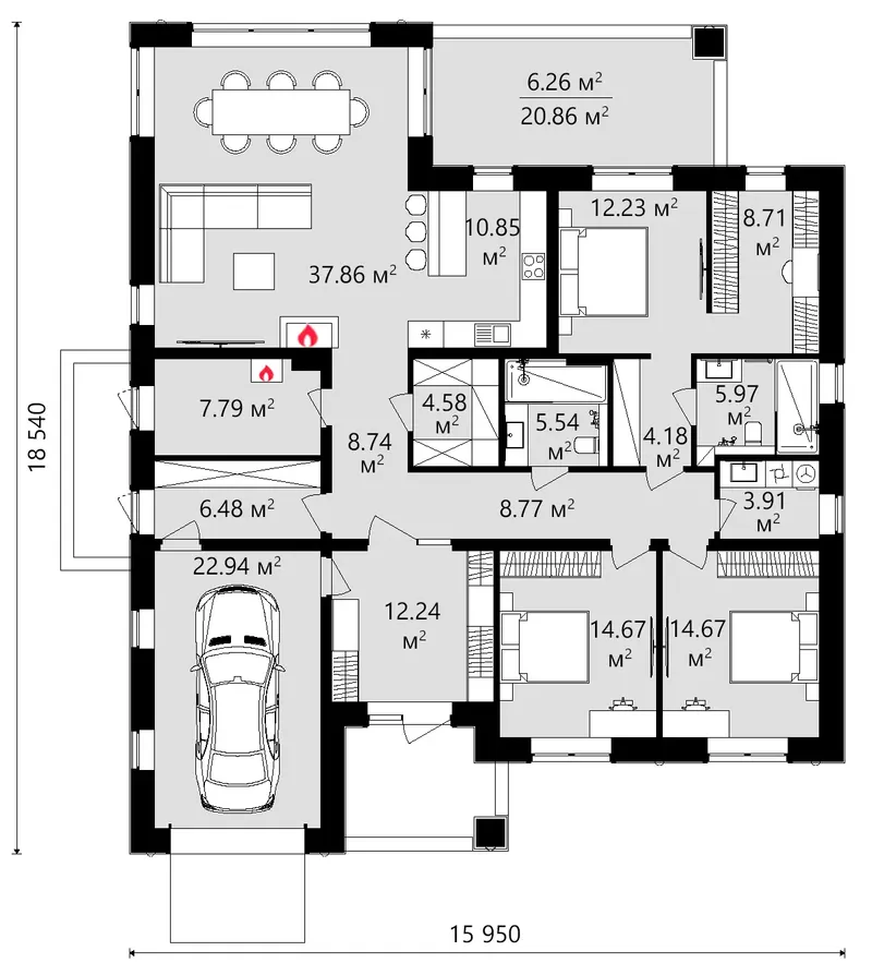 Pirmas Aukštas 11 – Vieno aukšto namo projektas 190 m², 3 Miegamieji — 88347C