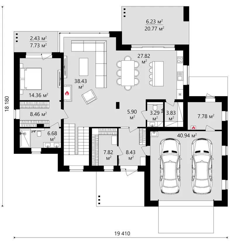 Pirmas Aukštas 12 – Dviejų aukštų namo projektas 285 m², 4 Miegamieji — 97687C