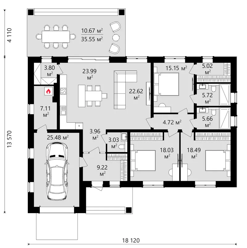 Pirmas Aukštas 12 – Vieno aukšto namo projektas 171 m², 3 Miegamieji — 76454C