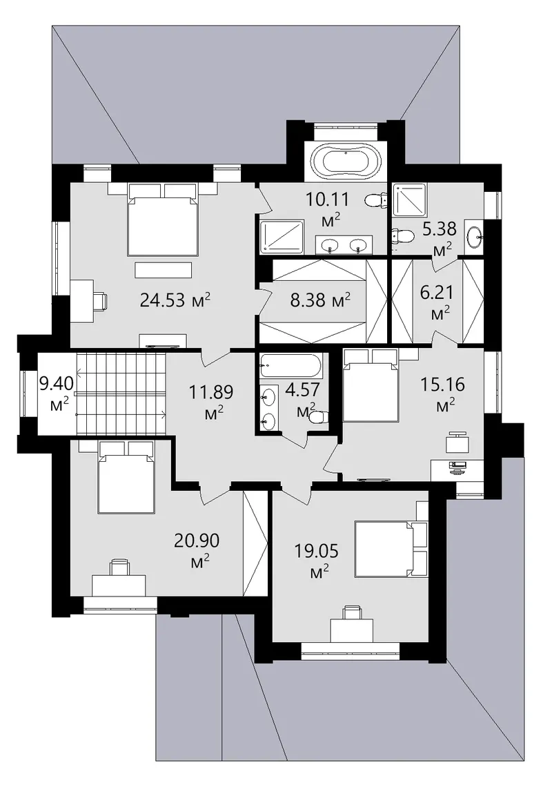 Antras Aukštas 6 – Dviejų aukštų namo projektas 299 m², 4 Miegamieji — 99219C