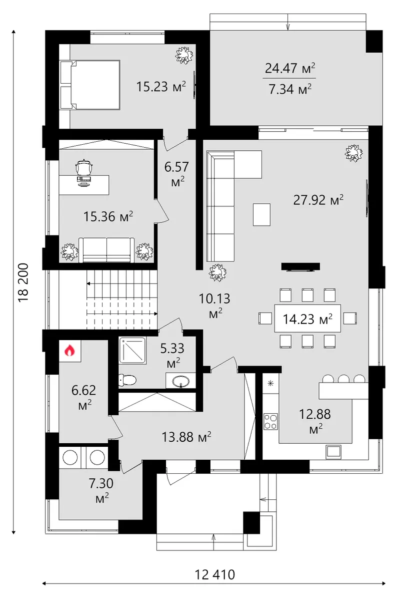 Pirmas Aukštas 18 – Dviejų aukštų namo projektas 256 m², 4 Miegamieji — 79870C
