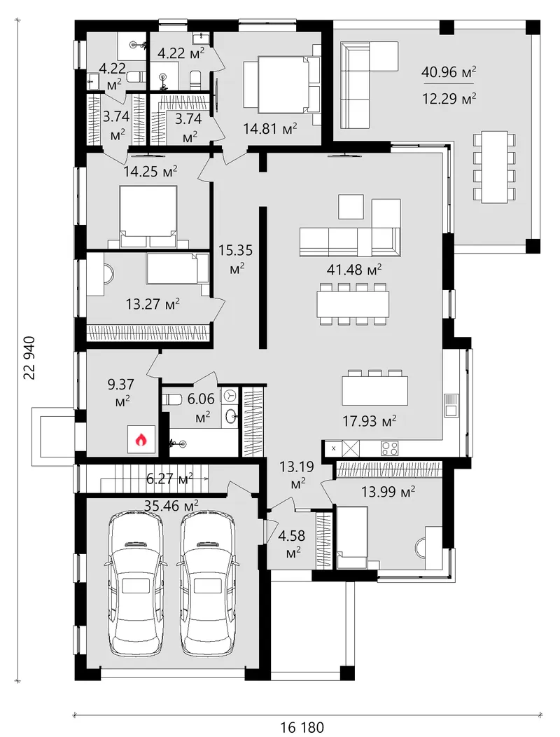 Pirmas Aukštas 12 – Vieno aukšto namo projektas 273 m², 4 Miegamieji — 51087C