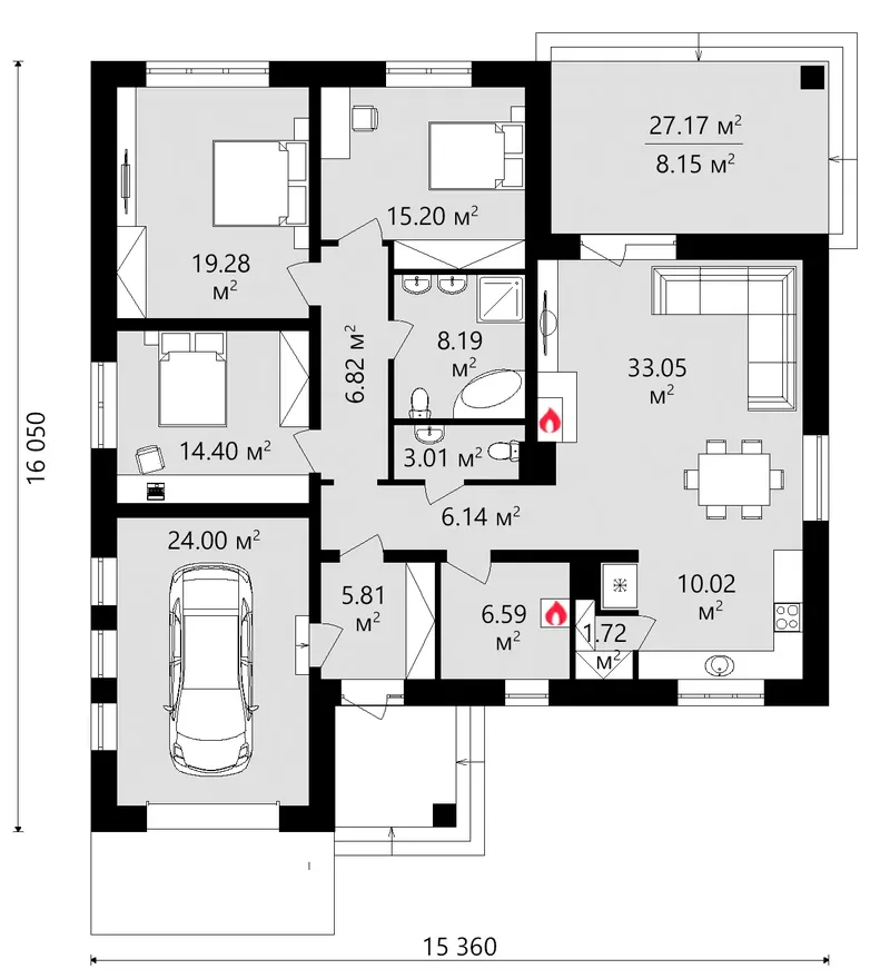 Pirmas Aukštas 12 – Vieno aukšto namo projektas 162 m², 3 Miegamieji — 27824C
