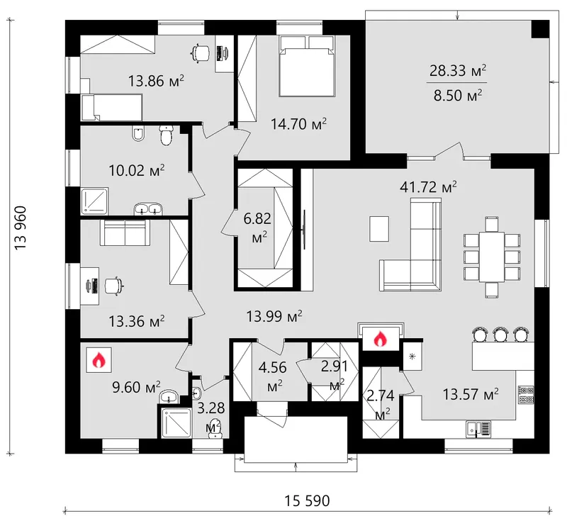Pirmas Aukštas 12 – Vieno aukšto namo projektas 160 m², 3 Miegamieji — 78739C