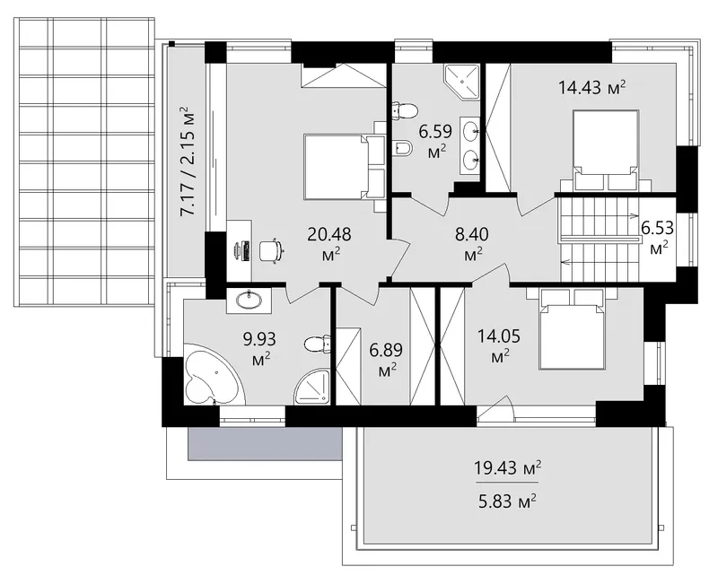 Antras Aukštas 13 – Dviejų aukštų namo projektas 206 m², 3 Miegamieji — 93623C
