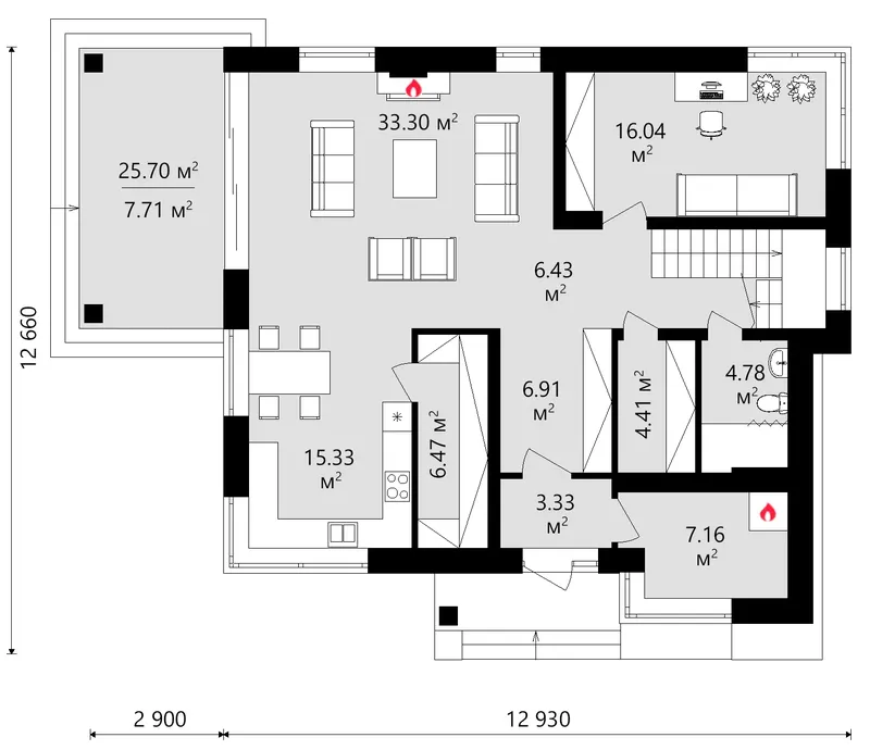 Pirmas Aukštas 12 – Dviejų aukštų namo projektas 206 m², 3 Miegamieji — 93623C