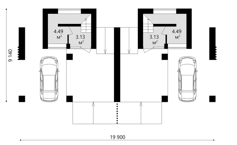 Pirmas Aukštas 17 – Modernus trijų aukštų dvibučio namo projektas su dideliais langais ir stogo terasa – 126 m² m2 – 36570C