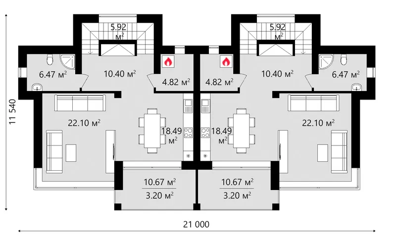Antras Aukštas 1 – Modernus trijų aukštų dvibučio namo projektas su dideliais langais ir stogo terasa – 126 m² m2 – 36570C
