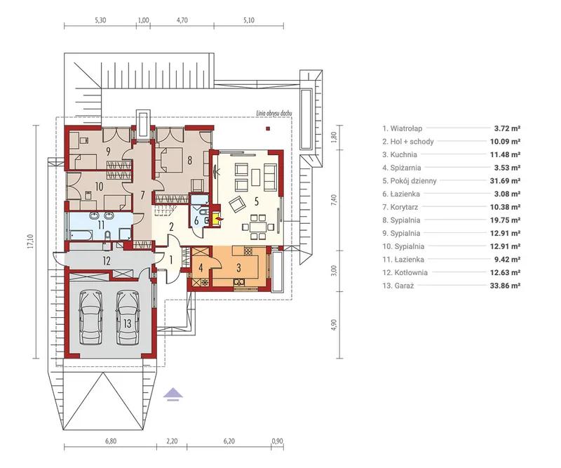 Pirmas Aukštas 1 – Namo projektas su mansarda 175 m², 3 Miegamieji — 52517R