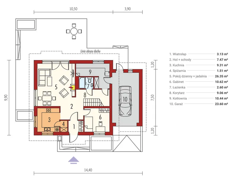 Pirmas Aukštas 1 – Namo projektas su mansarda 163 m², 4 Miegamieji — 18039R