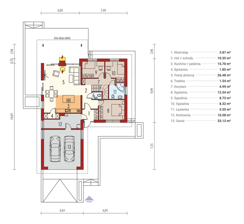 Pirmas Aukštas 1 – Namo projektas su mansarda 143 m², 3 Miegamieji — 43905R