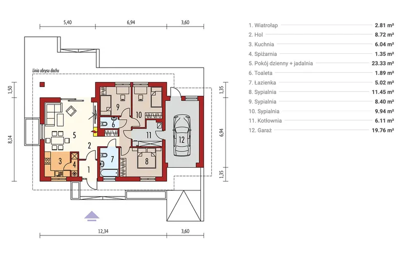 Pirmas Aukštas 1 – Vieno aukšto namo projektas 105 m², 3 Miegamieji — 48655R