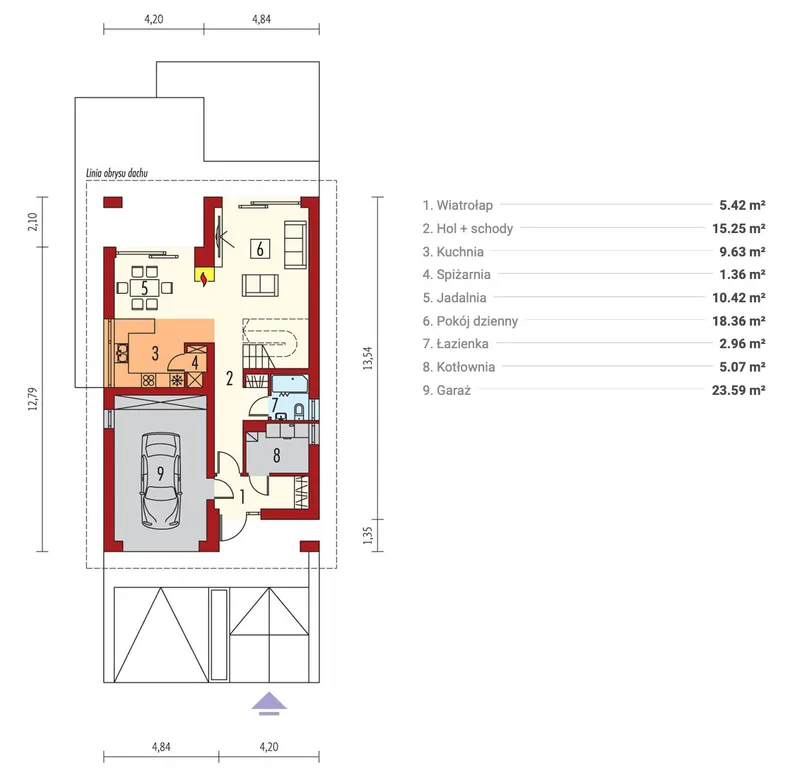 Pirmas Aukštas 1 – Namo projektas su mansarda 160 m², 4 Miegamieji — 48062R