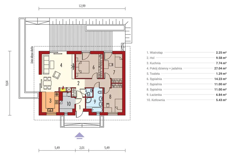 Pirmas Aukštas 1 – Vieno aukšto namo projektas 96 m², 3 Miegamieji — 64788R