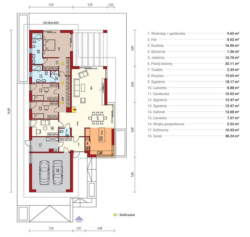 Pirmas Aukštas 1 – Vieno aukšto namo projektas 240 m², 3 Miegamieji — 72656R