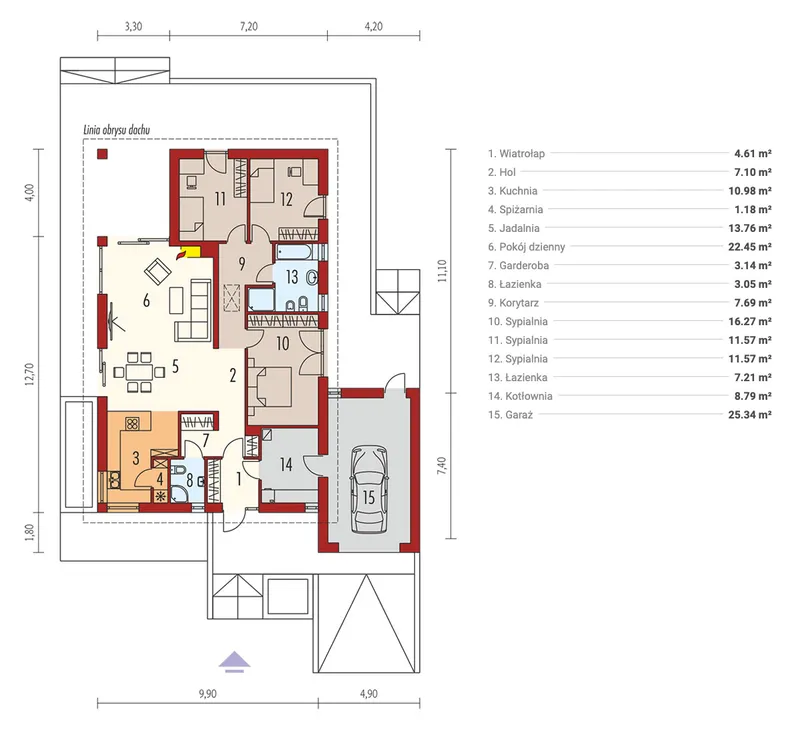 Pirmas Aukštas 1 – Vieno aukšto namo projektas 155 m², 3 Miegamieji — 43488R