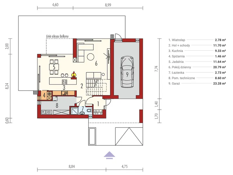 Pirmas Aukštas 1 – Dviejų aukštų namo projektas 157 m², 3 Miegamieji — 13725R