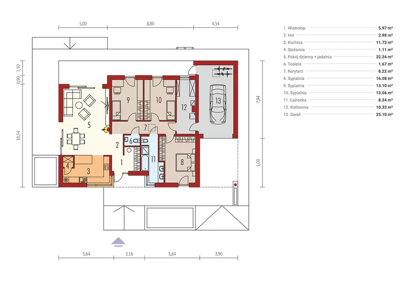 Pirmas Aukštas 1 – Vieno aukšto namo projektas 150 m², 3 Miegamieji — 33272R