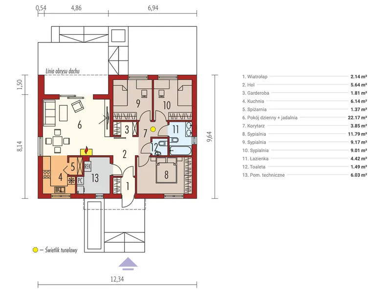 Pirmas Aukštas 1 – Vieno aukšto namo projektas 85 m², 3 Miegamieji — 80250R