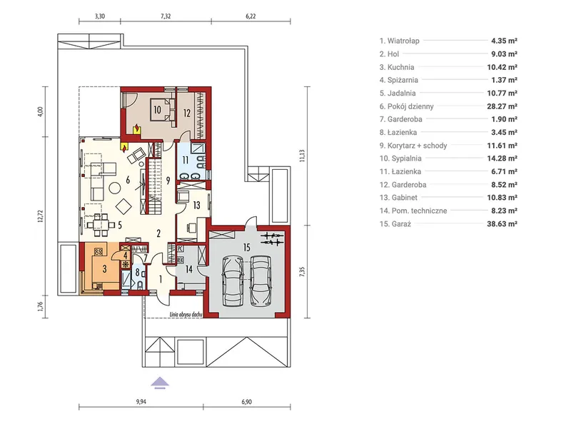 Pirmas Aukštas 1 – Namo projektas su mansarda 220 m², 3 Miegamieji — 28450R