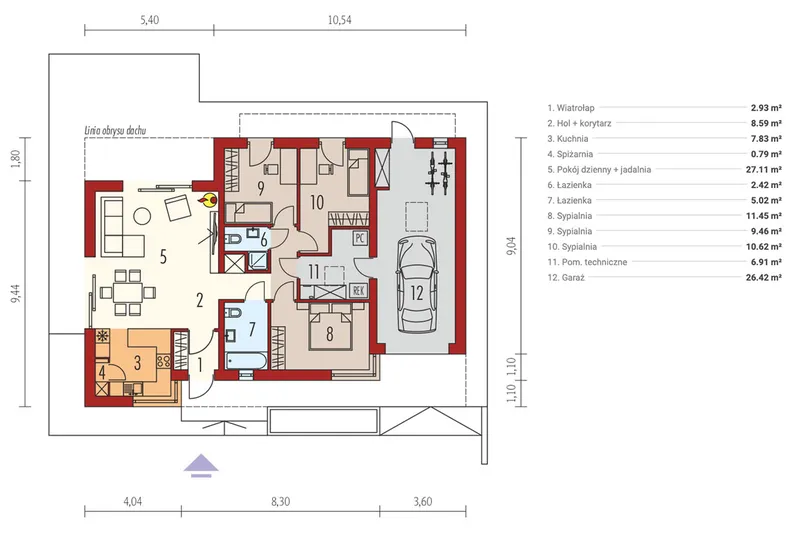 Pirmas Aukštas 1 – Vieno aukšto namo projektas 120 m², 3 Miegamieji — 83994R