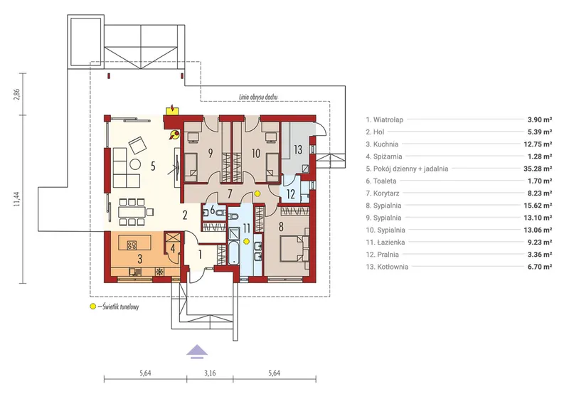 Pirmas Aukštas 1 – Vieno aukšto namo projektas 130 m², 3 Miegamieji — 87622R