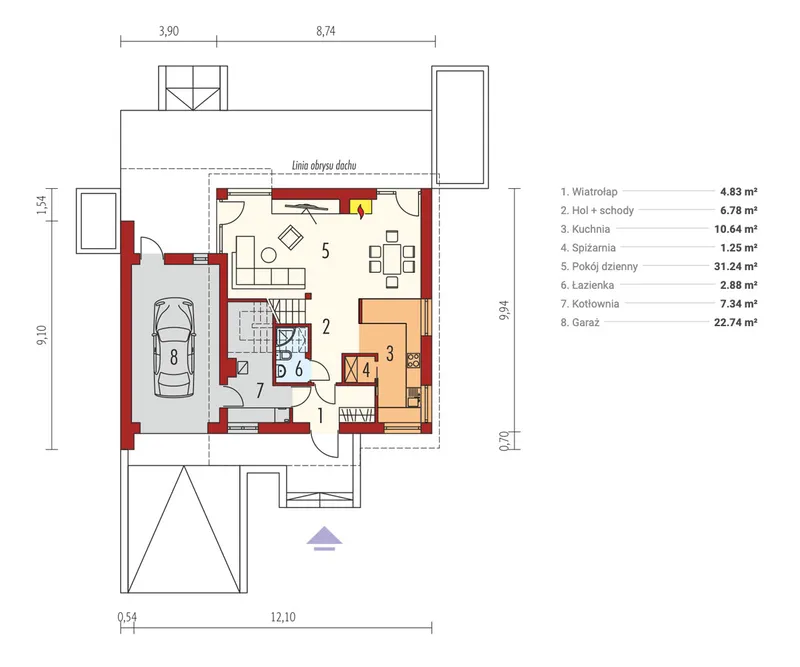 Pirmas Aukštas 1 – Namo projektas su mansarda 130 m², 3 Miegamieji — 45606R