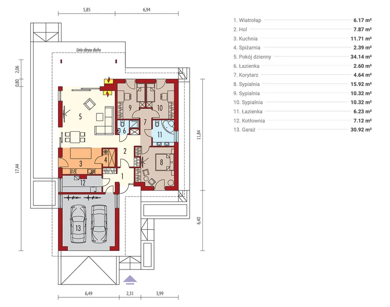 Pirmas Aukštas 1 – Vieno aukšto namo projektas 150 m², 3 Miegamieji — 16672R
