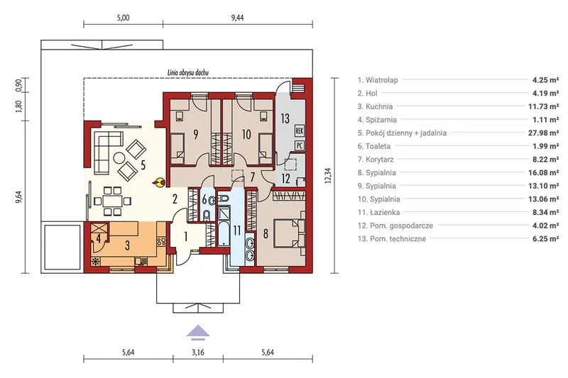Pirmas Aukštas 1 – Vieno aukšto namo projektas 116 m², 3 Miegamieji — 52543R