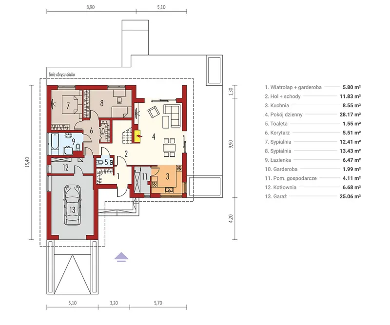 Pirmas Aukštas 1 – Vieno aukšto namo projektas 132 m², 2 Miegamieji — 47218R