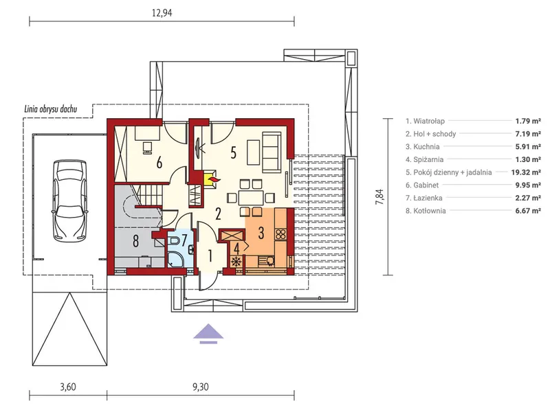 Pirmas Aukštas 1 – Namo projektas su mansarda 90 m², 3 Miegamieji — 60922R