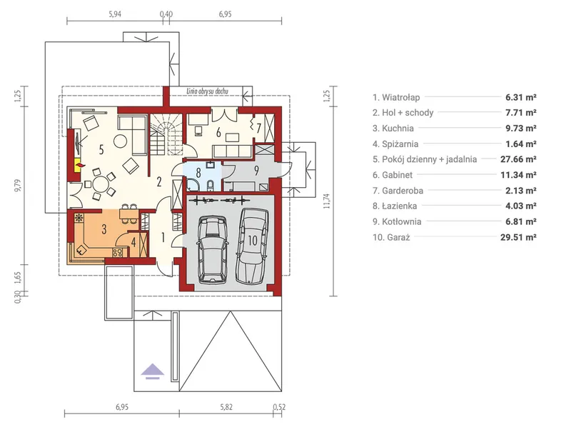 Pirmas Aukštas 1 – Namo projektas su mansarda 185 m², 4 Miegamieji — 67083R