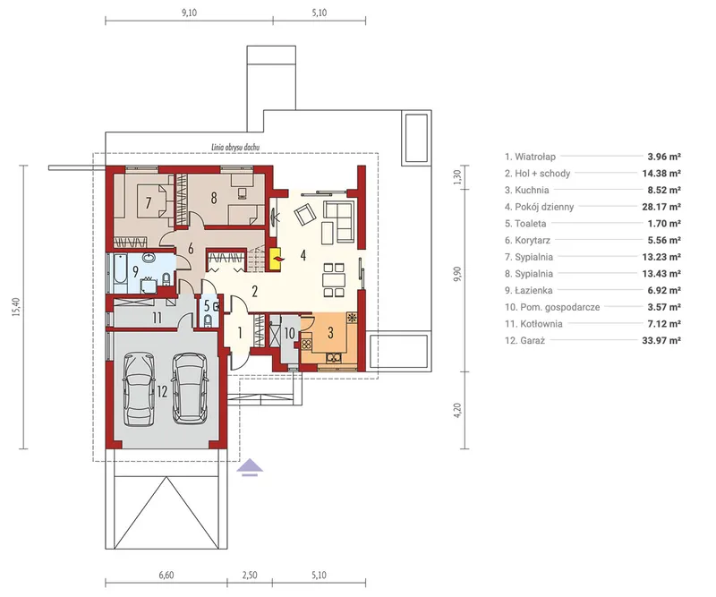 Pirmas Aukštas 1 – Vieno aukšto namo projektas 141 m², 2 Miegamieji — 26674R