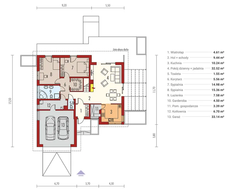Pirmas Aukštas 1 – Namo projektas su mansarda 197 m², 4 Miegamieji — 64369R