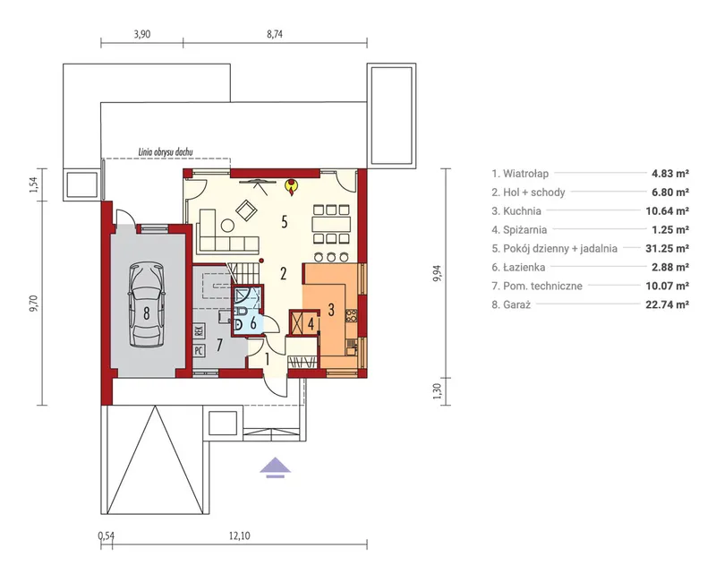 Pirmas Aukštas 1 – Namo projektas su mansarda 133 m², 3 Miegamieji — 60681R