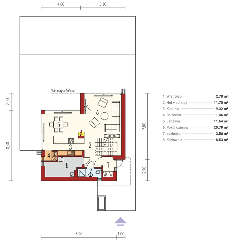 Pirmas Aukštas 1 – Dviejų aukštų namo projektas 133 m², 3 Miegamieji — 55022R