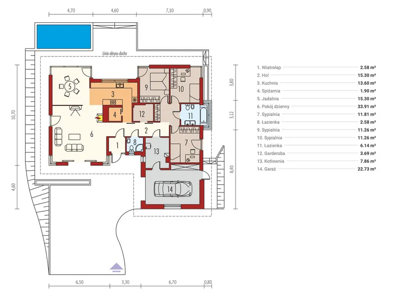 Pirmas Aukštas 1 – Vieno aukšto namo projektas 160 m², 3 Miegamieji — 56590R