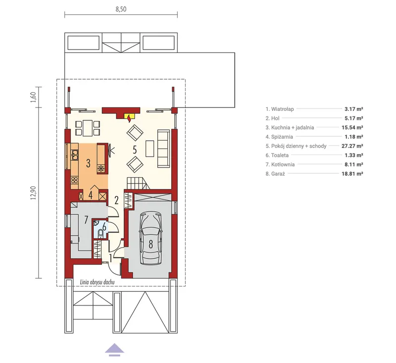 Pirmas Aukštas 1 – Namo projektas su mansarda 137 m², 3 Miegamieji — 23744R